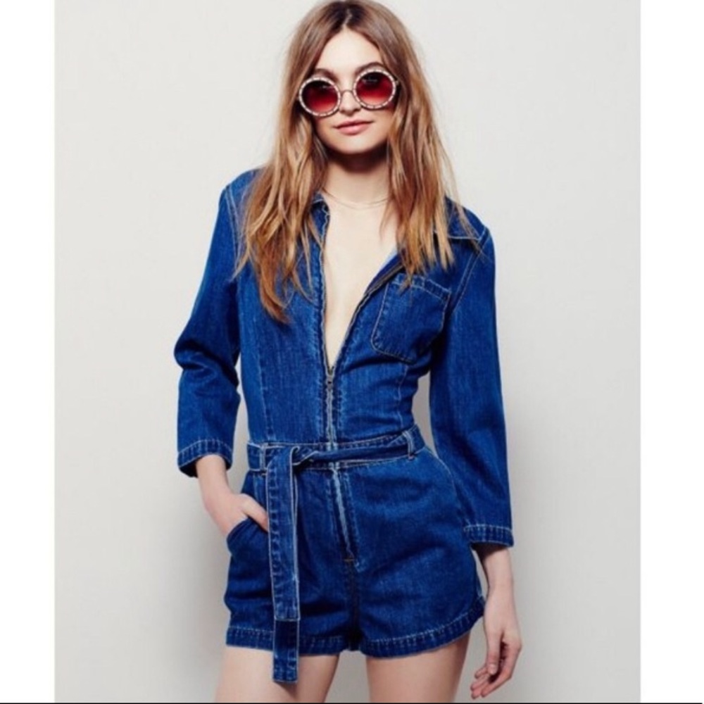 Free people denim romper with tie